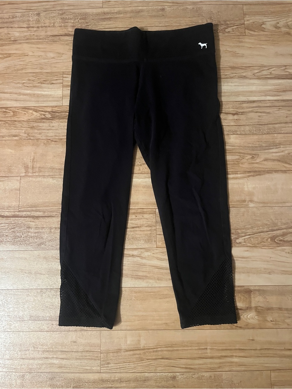 Victoria's Secret Black Capri Leggings with Mesh Insets and Dog Logo